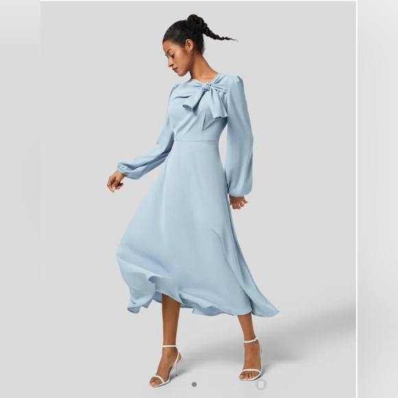 🛍HALARA Tie Neck Puff Long Sleeve Back Zipper Flowy Midi Work Dress,Large - Picture 6 of 16